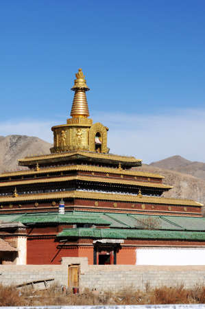 Landmark of a famous historic golden Tibetan lamasery in Gansu, Chinaの写真素材