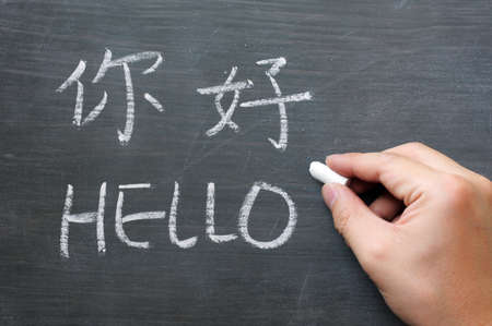 Hello - word written on a smudged blackboard with a Chinese tranlation,with a hand holding chalkの写真素材