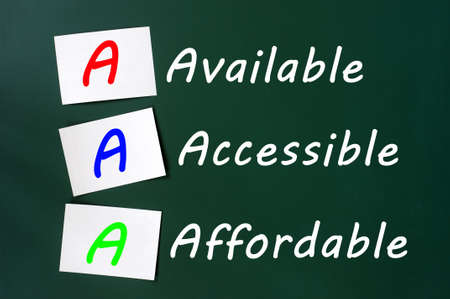 Acronym of AAA for available, accessible and affordable written on a blackboard 