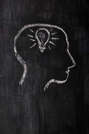 Chalk drawing of brain with innovation on a smudged blackboardの写真素材