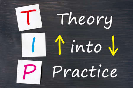TIP acronym for theory into practice written on a blackboard background with sticky notesの写真素材