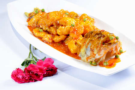 Chinese Food:Sweet and Sour Perch on a white plateの写真素材