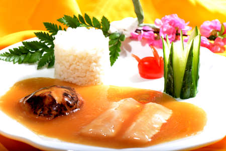 Chinese Food:Fish fillet with Rice on a white plateの写真素材