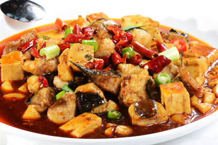 Chinese Food: Fried fish and Tofu in a white plateの写真素材