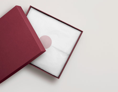 Happy New Year template with open gift box. Sale banner, surprise poster, flyer and brochure. mock up holiday. top view.の写真素材