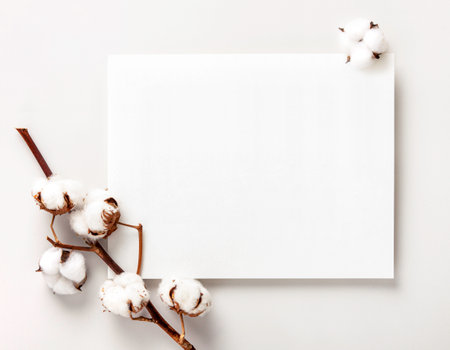 Flowers composition. Cotton flowers, paper blank on white background. Flat lay, top view, copy spaceの写真素材