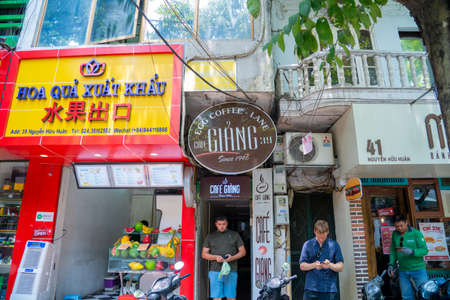 HANOI/VIETNAM - JULY 17: Restaurant name tag Egg Coffee Cafe Trung Local Coffee shop dessert CAFE GIANG in OLD QUARTER CITY. on 07 17 2019のeditorial素材