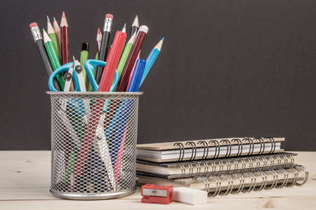 back to school template with multiple stationary on wooden table
