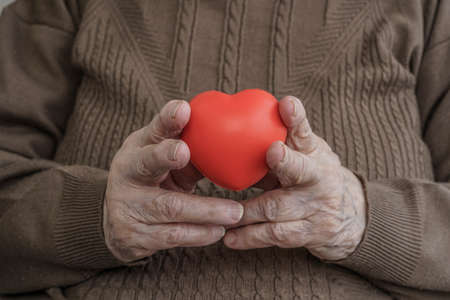 wrinkled hands of a senior person holding a red heartの写真素材