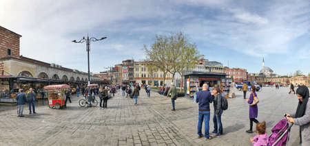 Istanbul, Turkey - April 16, 2018: People walking on street in Eminonu bazaar in Istanbul, Turkey