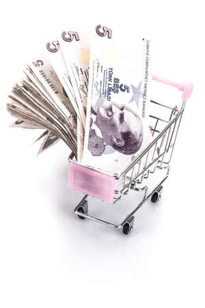 Turkish lira banknotes in a small shopping cart on whiteの写真素材