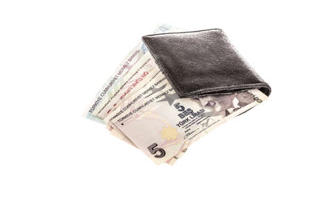 Turkish lira in a wallet isolated on white