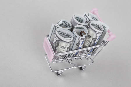 Some American Dollars in a small shopping cartの写真素材