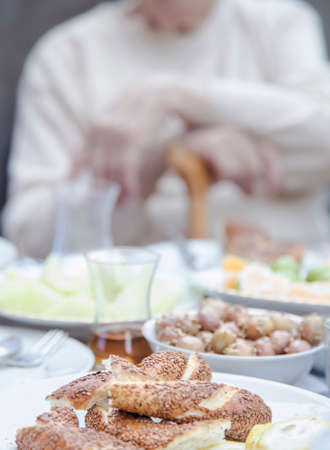 Crispy Turkish bagels and tea on table for breakfast