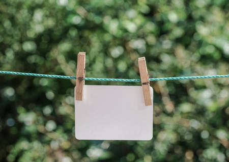 An empty white paper hanged with clothes pegs on rope at gardenの写真素材