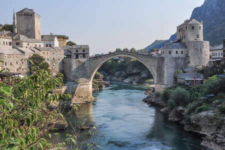 Famous Mostar Bridge over river in Bosnia and Herzegovina.のeditorial素材
