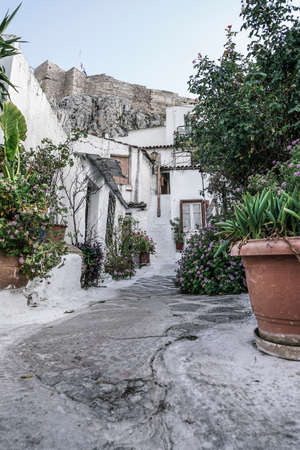 Street of Anafiotika in the old town of Athens in Greece.のeditorial素材