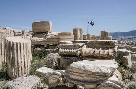 Ruins in the Athenian Acropolis ancient city in Athens, Greece.のeditorial素材