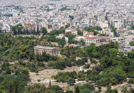 The Agora, The Temple of Hermes in Ancient Agora and Panorama of Athens in Greece.