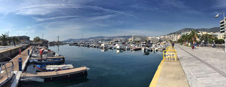 KAVALA, GREECE - OCTOBER 22, 2017: Old Port of Kavala city in Greece. The city was founded in the late 7th century BC and first name was Neapolis.のeditorial素材