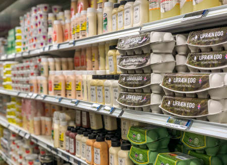 Reykjavik, Iceland - Feb 26, 2019; Dairy products of a supermarket in Reykjavik, Iceland.