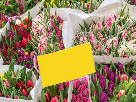 colorful tulip flowers with a blank price label in a florist shopの写真素材