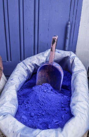 blue powder color in a bazaar in Moroccoの写真素材