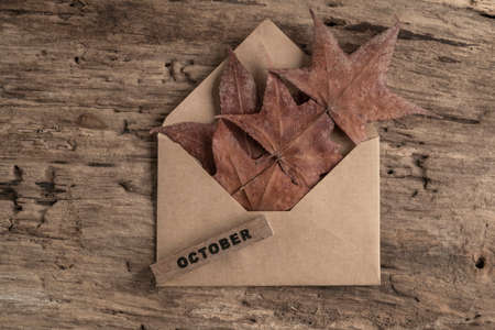 template for october with dried leaves and envelope on wooden backgroundの写真素材