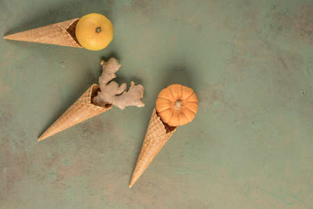 fresh fruits and vegetables in wafer cones served like an ice cream