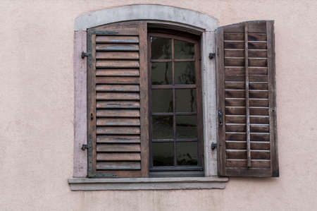 closeup wooden window blind of a house, exteriorの写真素材