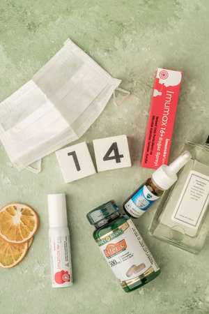 Istanbul, Turkey - March 17, 2020; Vitamins, mask and cologne for protection from covid-19 corona virus that is pandemicのeditorial素材
