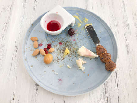 closeup leftovers of a breakfast on a wooden table