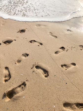 background with foot prints on the sandy beach in summerの写真素材