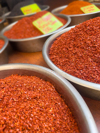 pepper, heap of red hot pepper in bazaar market with selective focus. healthy asian or Middle East food background with dried spicesの写真素材