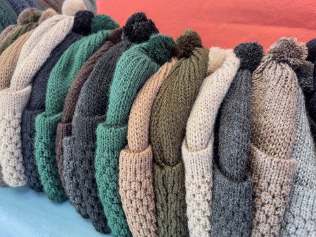 hats, row of colorful knitted male hats on shelf in a store for autumn or winter. knitted clothes for autumn or winter fashion. local wear concepts in turkey or Middle Eastの写真素材