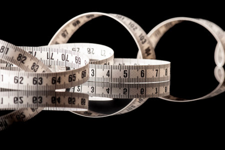 Curly measure tape, dieting or weight loss theme, isolated on black background with reflection and...