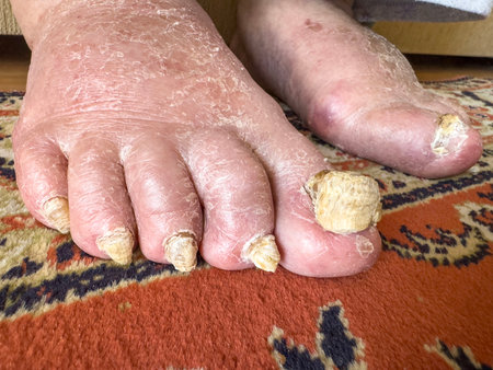closeup feet with thickened toenails and dry cracked skin, aging effects. elderly foot with thickened yellow toenails, fungal infection, dry cracked aging skin. unhealthy podiatry medical conditionの写真素材