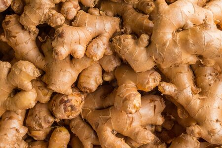 Heap of ginger root. Close-up ginger textureの写真素材