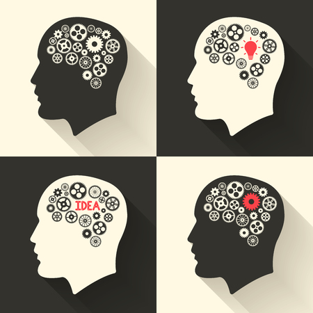 Head with brain and idea lamp bulb pictograph. Male human think symbols. Vector illustrationのイラスト素材
