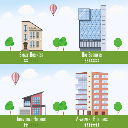 Commercial and Residential Real Estate Infographics, set of 4 buildings. Vector illustration.のイラスト素材
