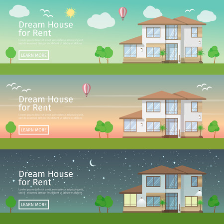 Beautiful set of flat vector web banners on the theme of modern Real Estate at different times of dayのイラスト素材
