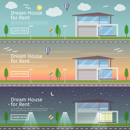 Beautiful set of flat vector web banners on the theme of modern Real Estate at different times of day.のイラスト素材