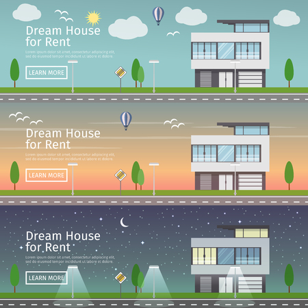 Beautiful set of flat vector web banners on the theme of modern Real Estate at different times of day.のイラスト素材