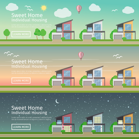 Beautiful set of flat vector web banners on the theme of modern Real Estate at different times of day.のイラスト素材