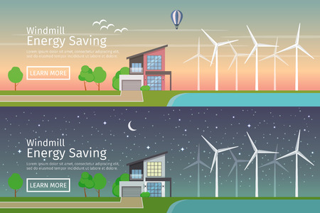 Modern Houses with alternative Eco Green Energy, sunset and night, flat web banners set. Wind Turbines. Vector illustration.のイラスト素材
