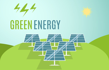 Blue Solar Panels banner. Modern Alternative Eco Green Energy. Vector illustrationのイラスト素材