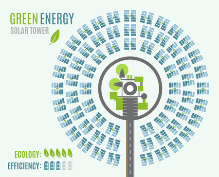 Circular Solar Power Plant with Tower and heliostats, view from above. Modern Alternative Eco Green Energy. Vector illustrationのイラスト素材
