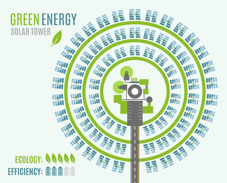 Solar Power Plant with Tower and heliostats, view from above. Modern Alternative Eco Green Energy. Vector illustrationのイラスト素材