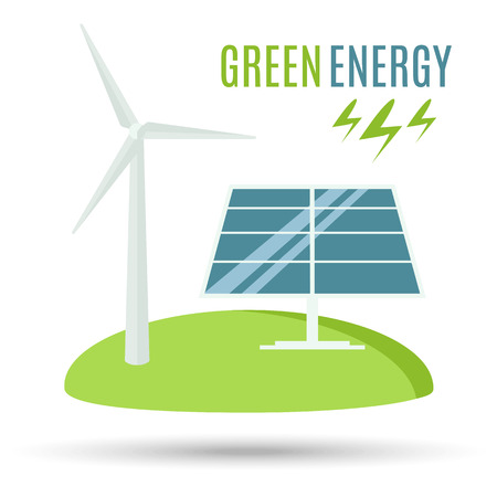Wind Turbine and Blue Solar Panel. Modern Alternative Eco Green Energy. Vector illustrationのイラスト素材