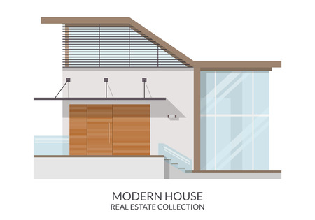 Modern house with terrace, real estate sign in flat style. Vector illustration.のイラスト素材